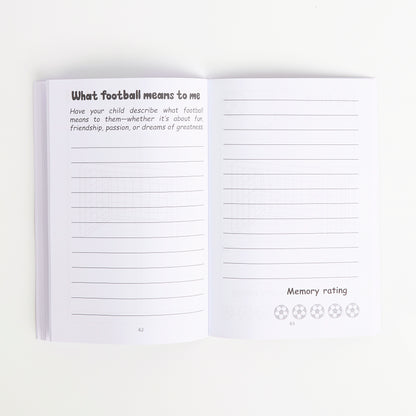 Open book with lined pages and text on a white background