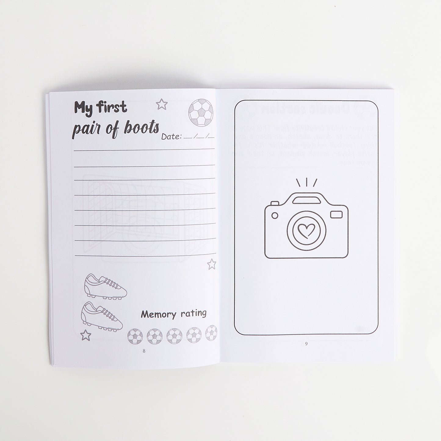 Notebook with a page titled 'My first pair of boots' and a camera icon on a white background