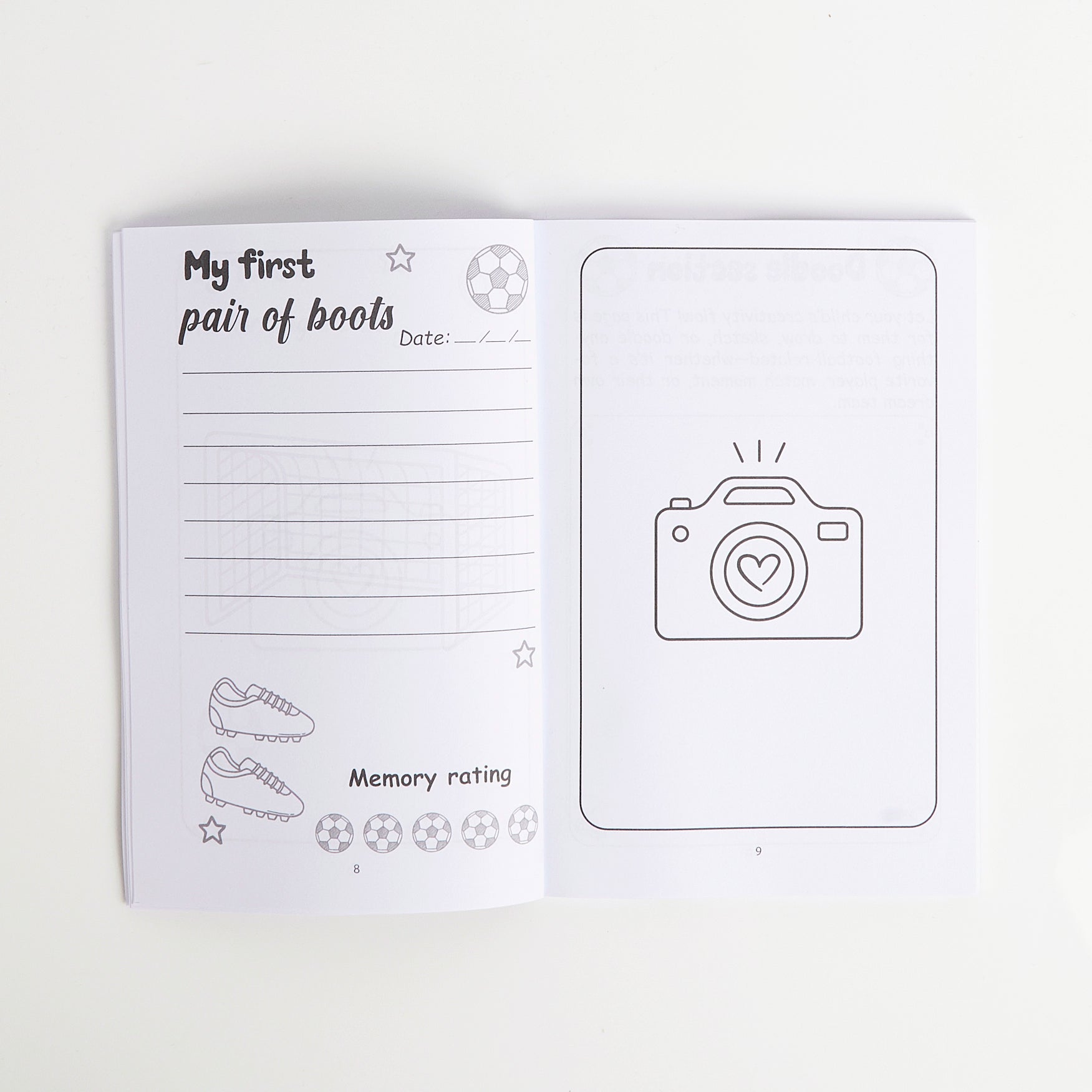 Notebook with a page titled 'My first pair of boots' and a camera icon on a white background