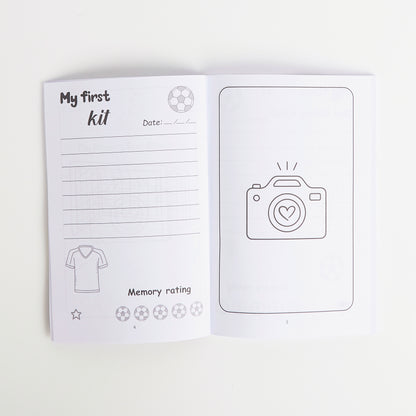 Open book with lined pages and illustrations on a white background