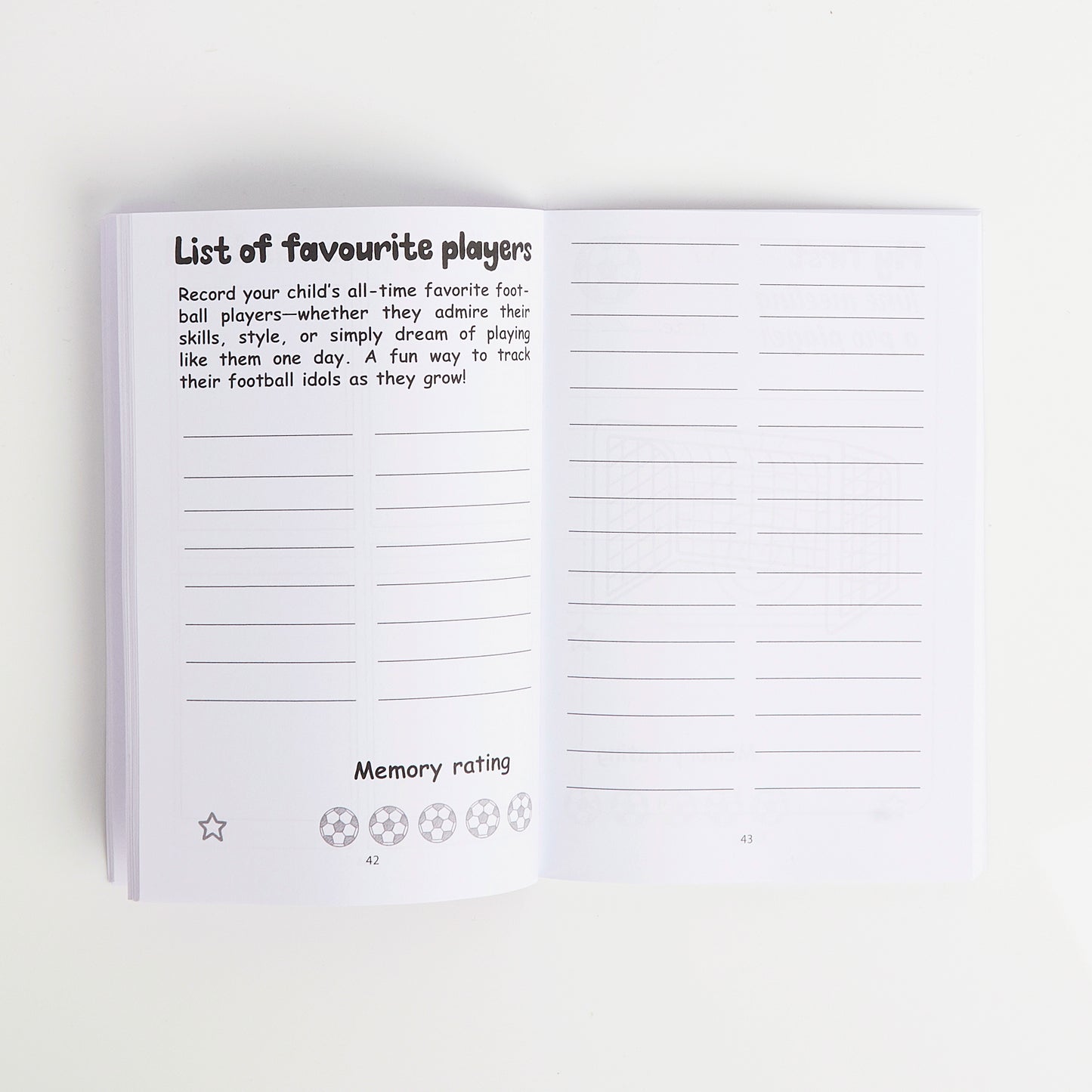 Open notebook with a list of favourite players section on a white background