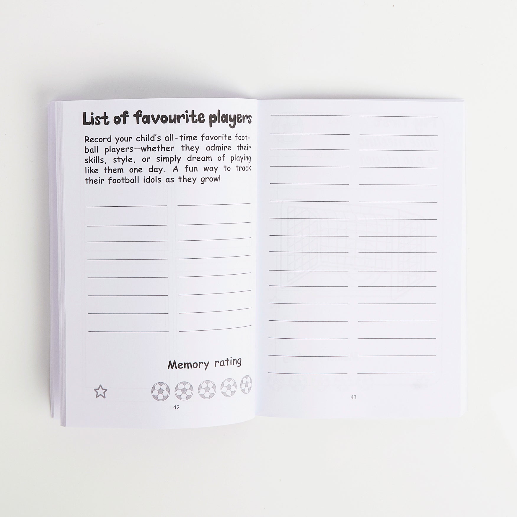 Open notebook with a list of favourite players section on a white background